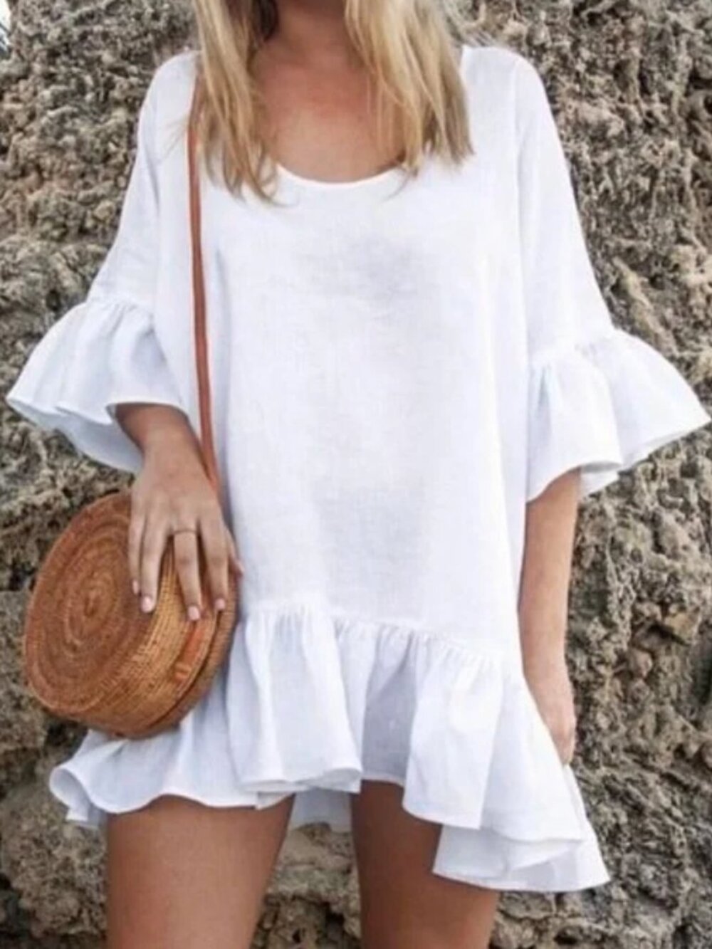 Morton Mac 100& Linen Effie White Ruffle Dress L Tall